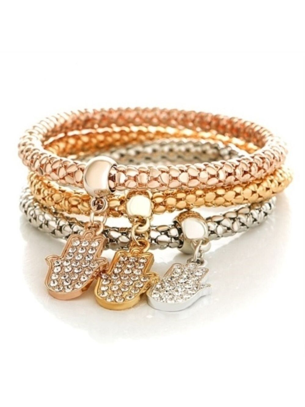 Set of 3 Gold Silver Rose Gold Hamsa Bracelets